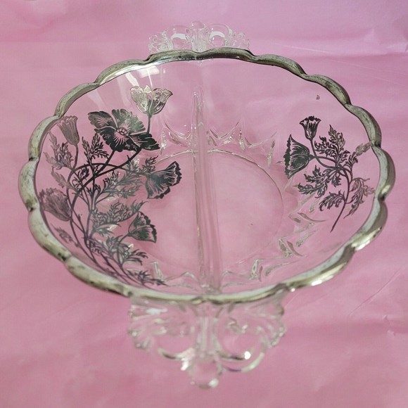 Vintage 2 Part Divided Relish Dish Poppies Silver Overlay Silver City Flanders - Picture 2 of 12